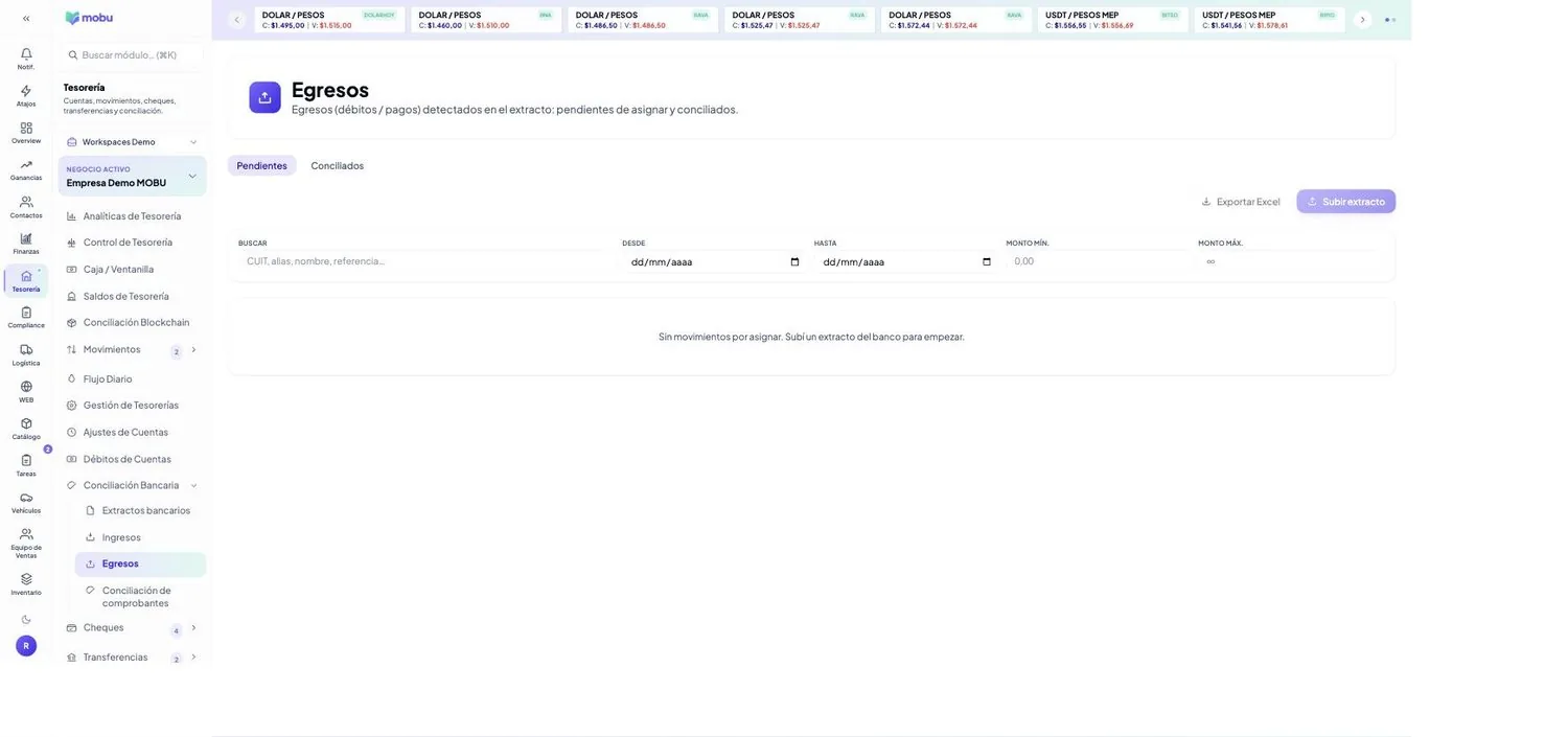 Conciliación de Egresos en MOBU — captura real de la app