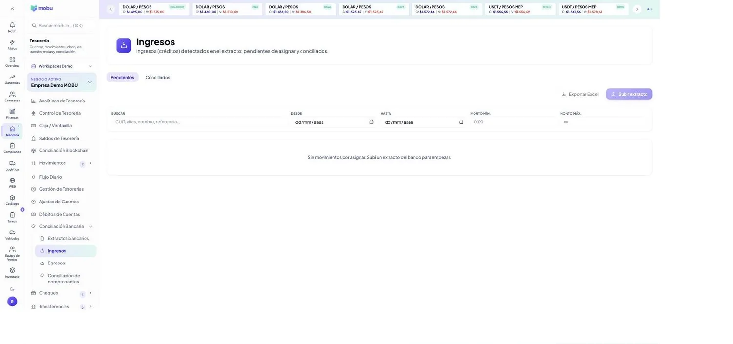 Conciliación de Ingresos en MOBU — captura real de la app