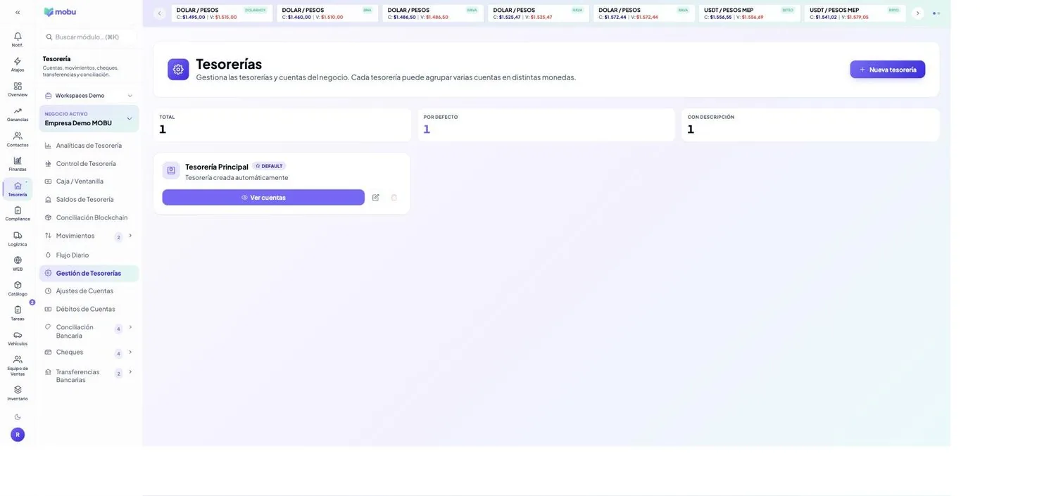 Gestión de Tesorerías en MOBU — captura real de la app