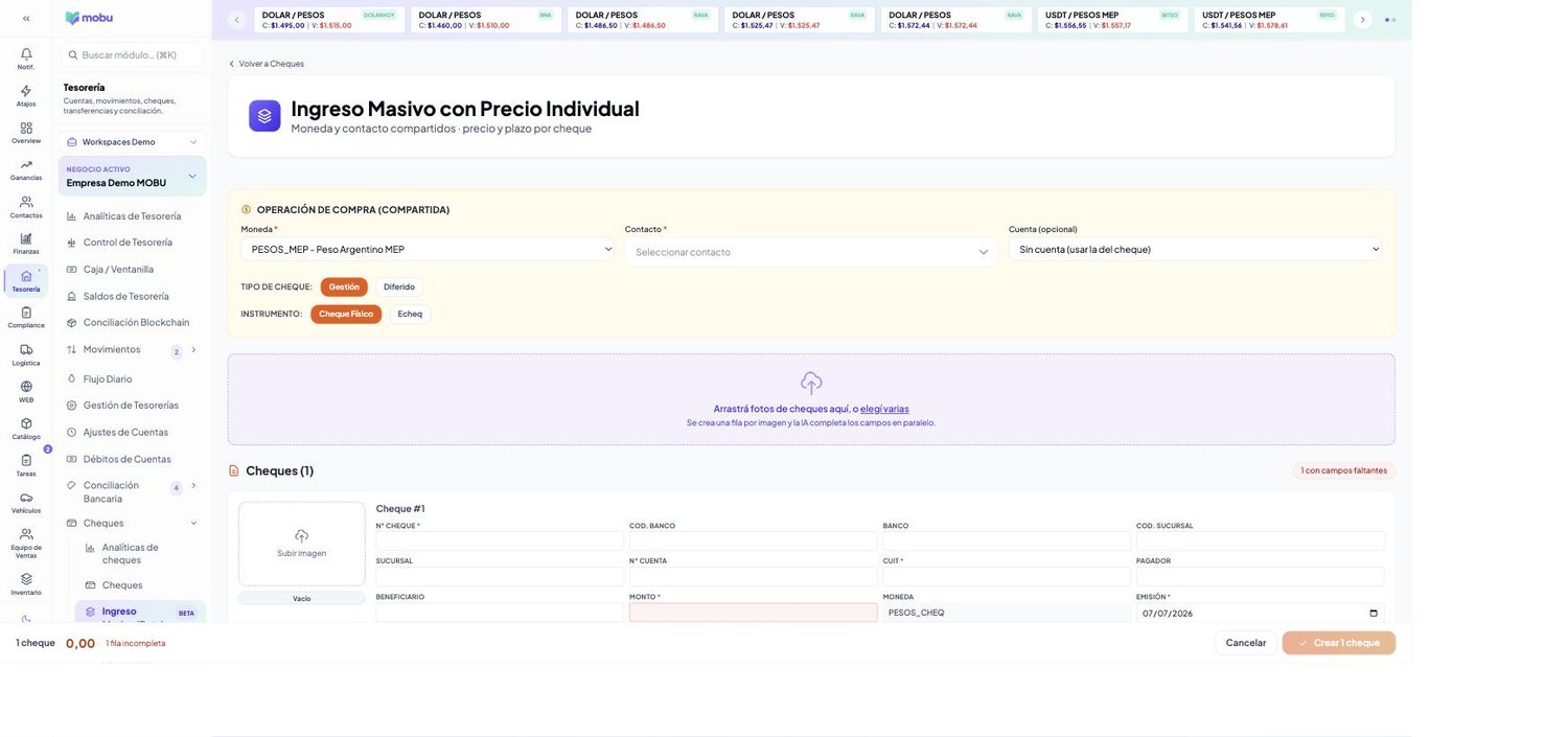Ingreso Masivo de cheques en MOBU — captura real de la app