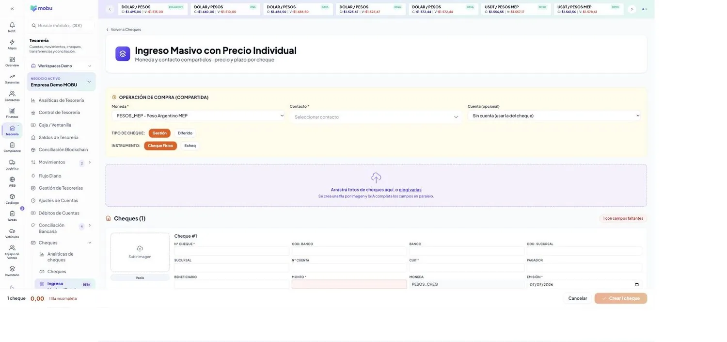 Ingreso Masivo de cheques en MOBU — captura real de la app
