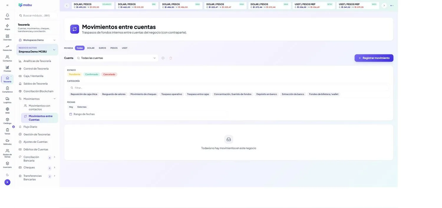 Movimientos entre Cuentas en MOBU — captura real de la app