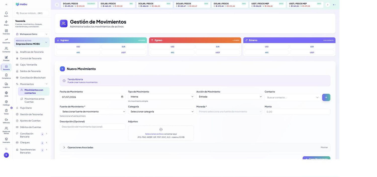 Movimientos con contactos en MOBU — captura real de la app
