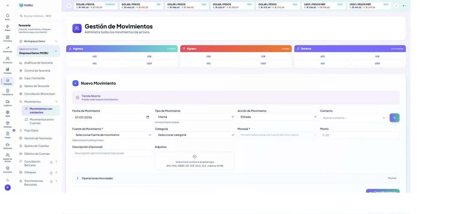 Movimientos con contactos en MOBU — captura real de la app