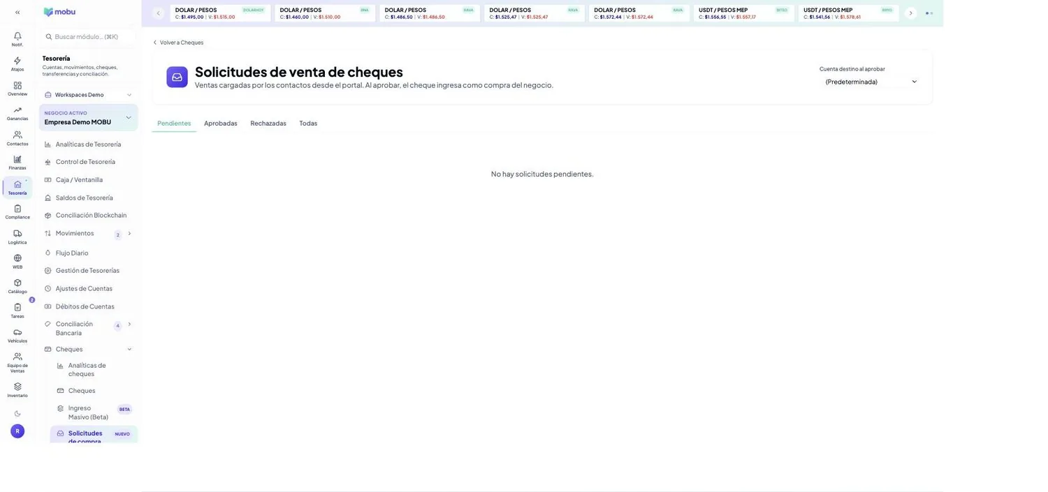Solicitudes de compra de cheques en MOBU — captura real de la app