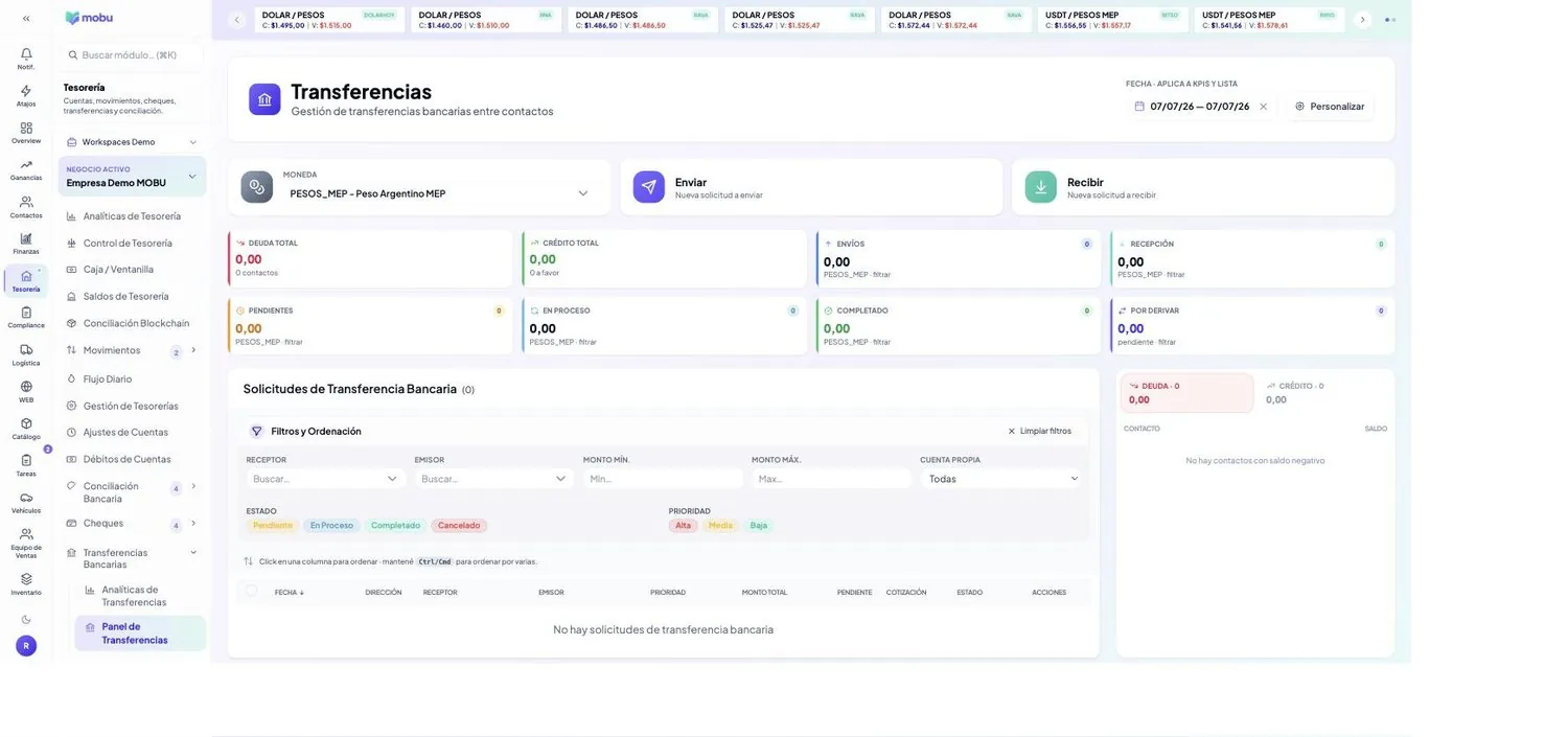 Panel de Transferencias en MOBU — captura real de la app