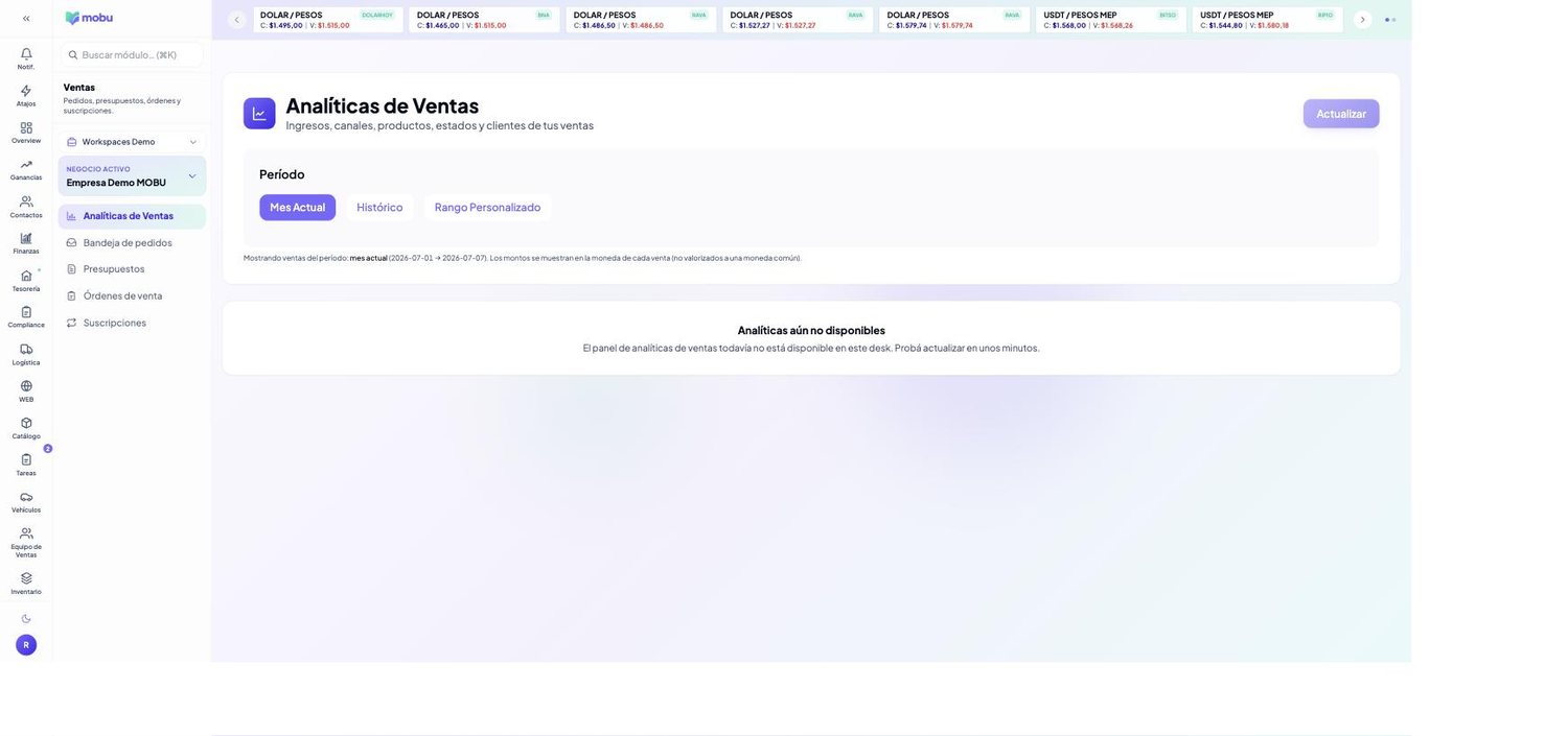 Analíticas de Ventas en MOBU — captura real de la app