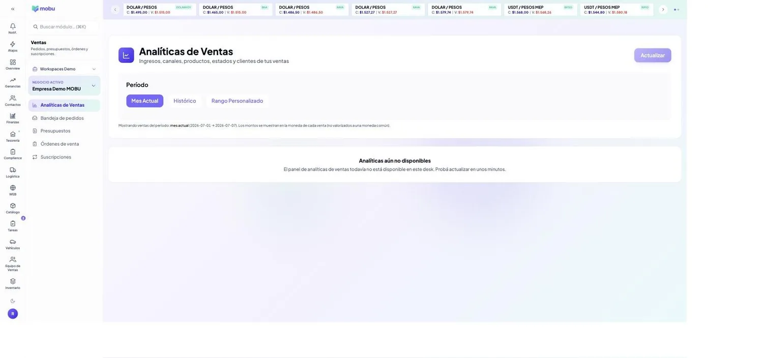 Analíticas de Ventas en MOBU — captura real de la app