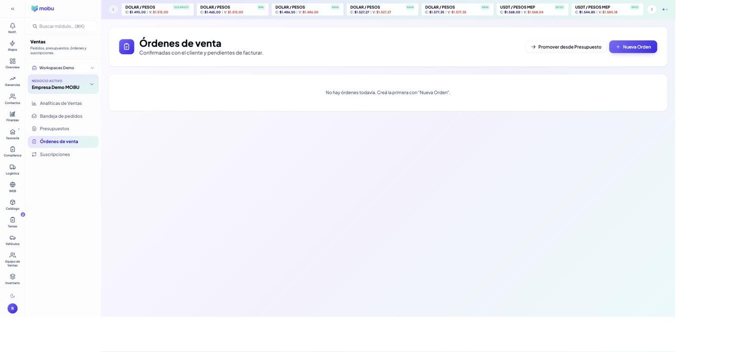 Órdenes de venta en MOBU — captura real de la app