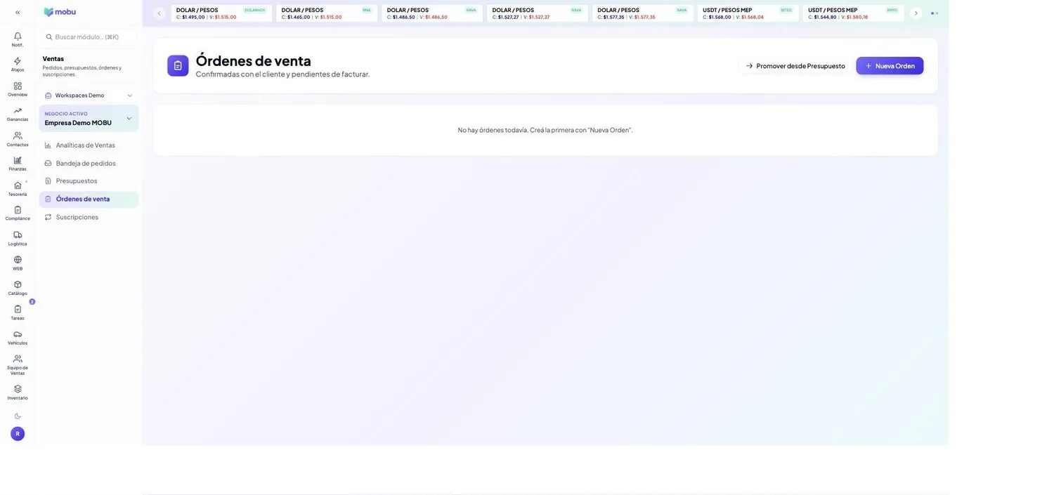 Órdenes de venta en MOBU — captura real de la app