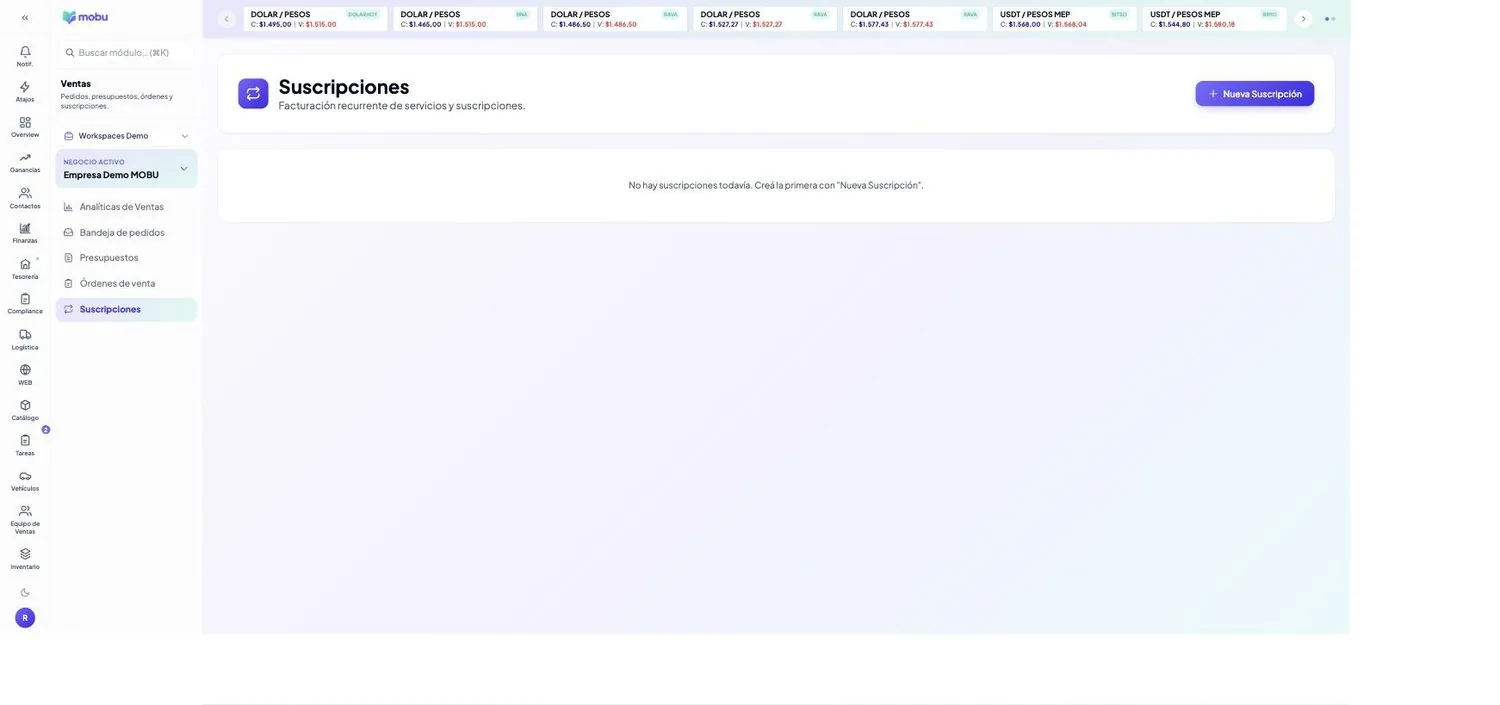 Suscripciones en MOBU — captura real de la app
